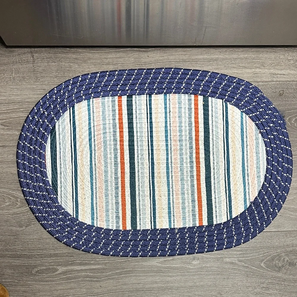 Striped Rope style Oval Rug with Blue Border